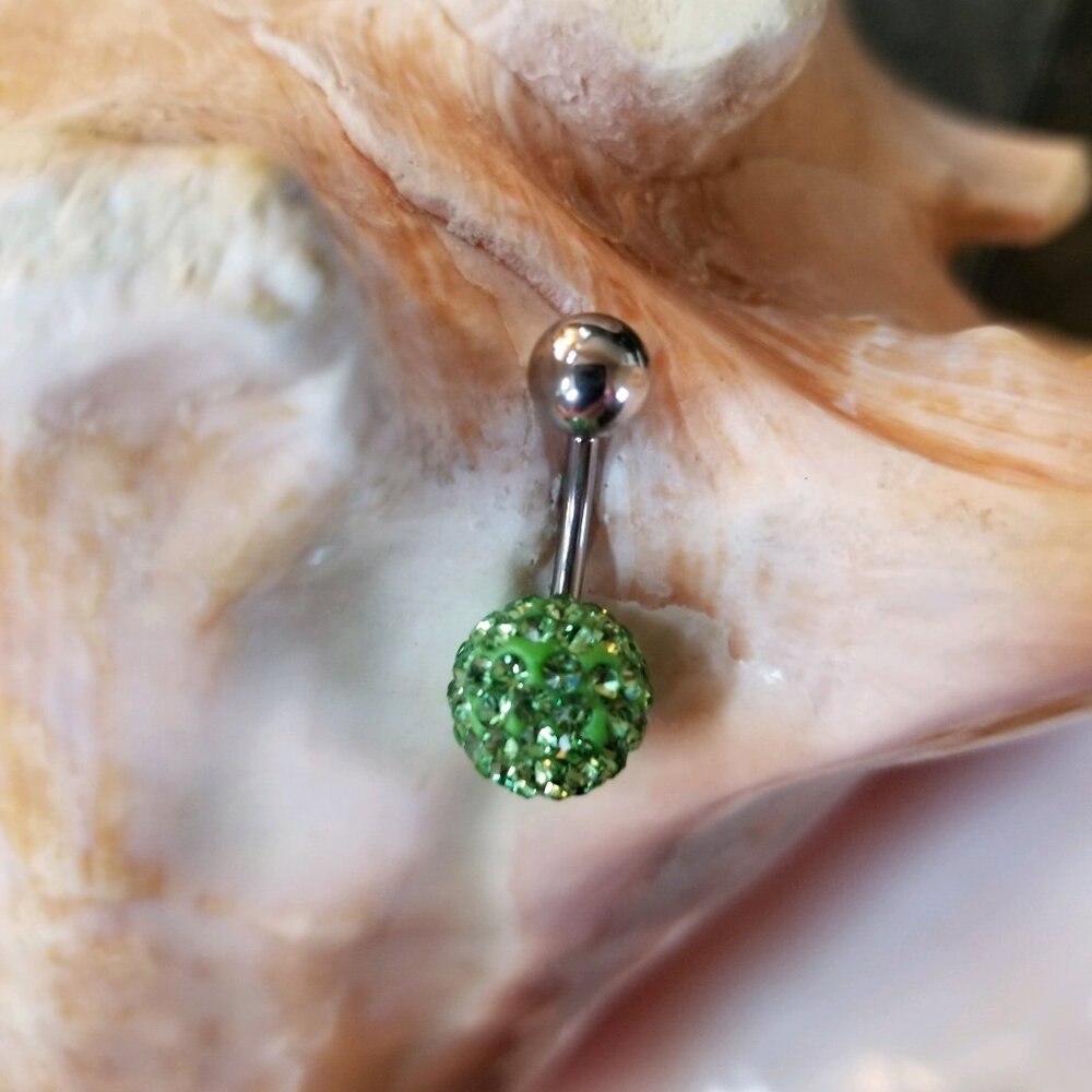 14G Green shamballa ferido crystal ball belly button ring - navel bar